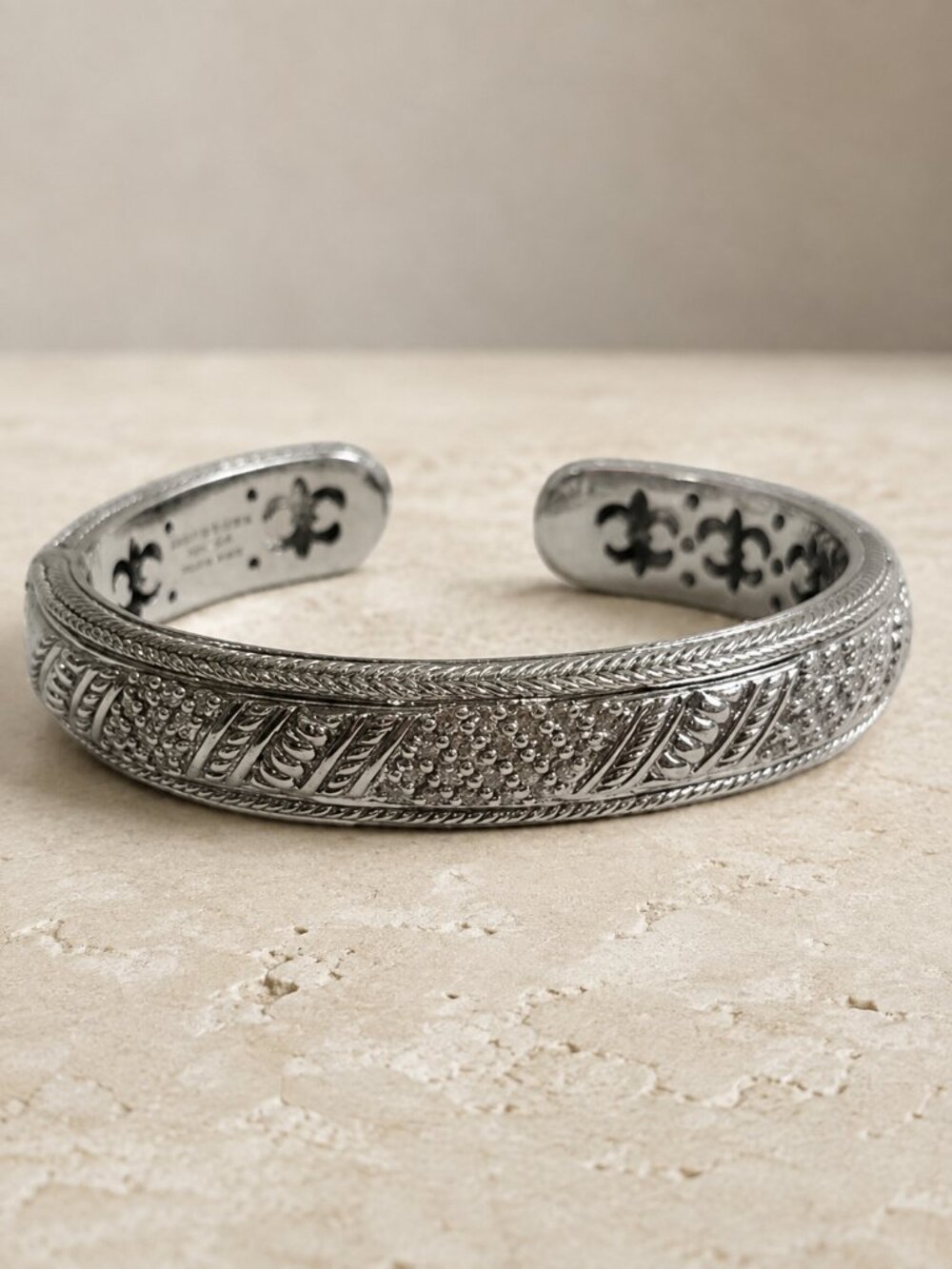 Judith Ripka .925 Sterling Silver Hinged Cuff Bracelet with Diamonique Accents